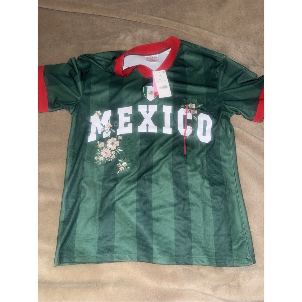 Viral Target Mexico Soccer Jersey Green Floral Embroidery Red Collar Size XS
